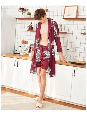 New Mens Chinese Japanese Oriental Red Tigers Bathrobe Gown And Shorts • $45.13