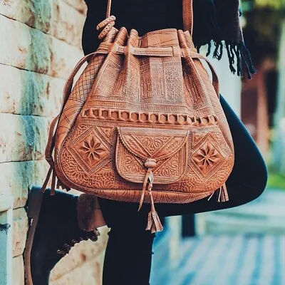 Moroccan Crossbody Brown Leather Shoulder Bag • $60