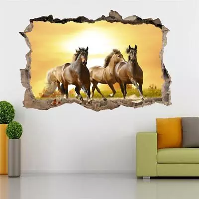 Horses Running Sunset Smashed Wall 3D Decal Removable Graphic Wall Sticker H156 • £30.45