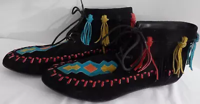 L J Simone New York Leather Suede Native American Indian Fringe Boot Black 8 1/2 • $32.65