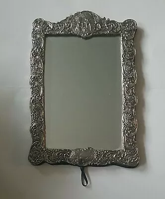 Vintage Silverplate Table Beveled Mirror Scroll Colonial Design Blue Velvet • $24.99