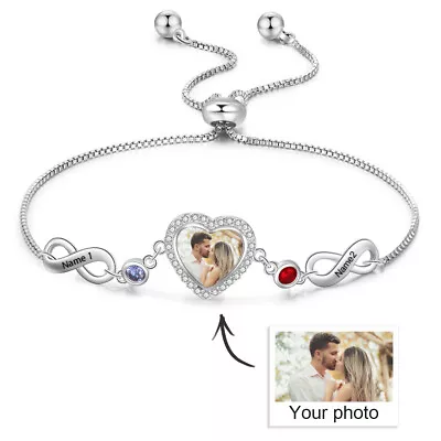 Personalized Photo Bracelet Love Heart 2 Birthstone Box Chain Gift For Women Mom • $21.88