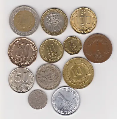Chile Set Of 12 (1934-2015) 500/100/50/10/5/1 Pesos 100 Escudos 50/20/10/5/1 Cen • $11.20
