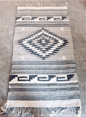 $110 • Buy ZAPOTEC Oaxacan Hand Loomed Wool Rug / Throw Oatmeal 29.5  X 55.5”