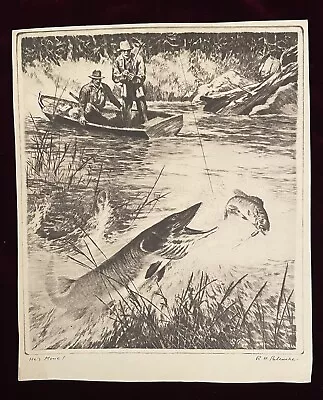 Vintage Art R. H. Palenske Print Etching “He’s Mine!” Fishing Fish Nature • $45