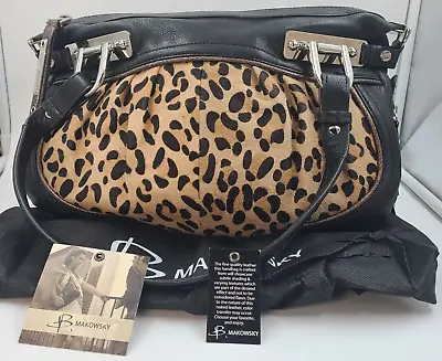 B. Makowsky Quality Black Leather Handbag Leopard Cheetah Print Purse Bag • $39.99