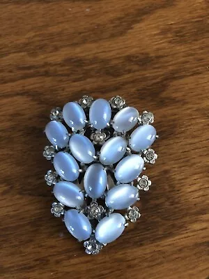 Vintage Blue Cabochon Moonstone Fur Dress Clip Rhinestone Silver Tone Setting • $24.95