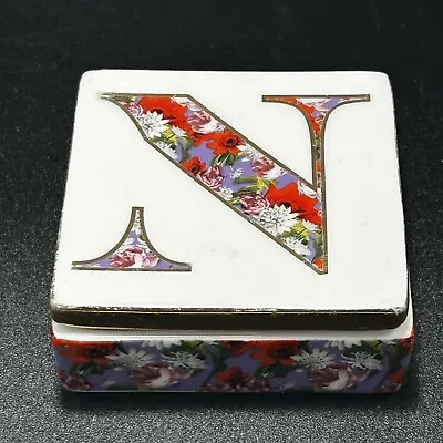 Anthropologie Monogram N Lidded Stoneware Ceramic Jewelry Floral Trinket Box NEW • $9.99