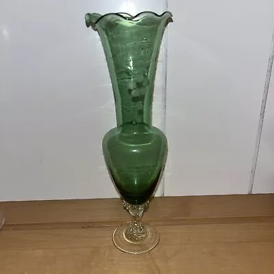 Vintage Green Vase Blown Glass Etched Ruffled Edge Swirl Footed 7.75” Delicate • $9.50