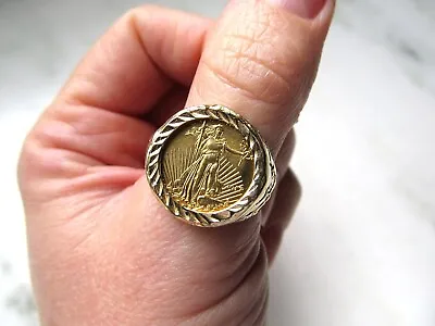 Vintage 10K Yellow Gold Nugget 2017 $5 American Gold Eagle Coin Ring C3359 • $1505.44