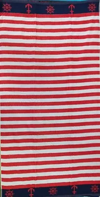 NAVY RED STRIPE NAUTICAL JUMBO BEACH TOWEL 100% EGYPTIAN COTTON 90cm X 170cm NQP • £12.99