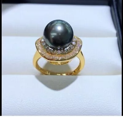 New Gorgeous AAAA++++10-9mm South Sea Round Black Pearl Ring 925s • $29