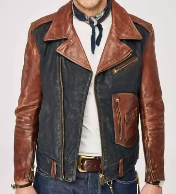 Men's Leather Jacket Biker Motorcycle Vintage Brown & Black Genuine Leather Coat • $109.99