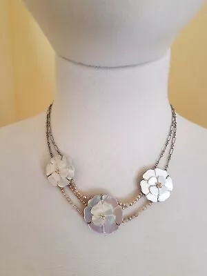 Vintage Chanel Mother Of Pearl Camellia Flower Silver Chain Necklace Choker 98A  • $700