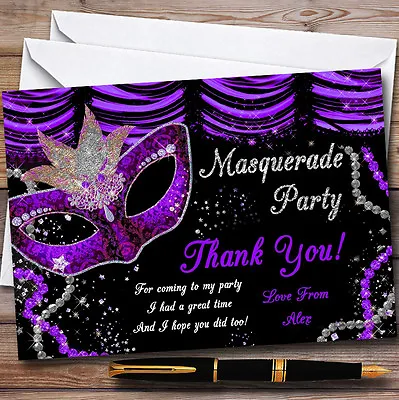 Purple & Black Mask Masquerade Ball Personalised Party Thank You Cards • £9.99