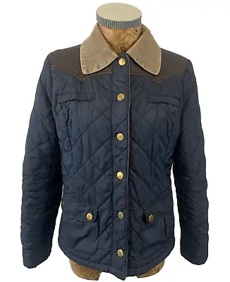 MISS SELFRIDGE JACKET 12 NAVY BEIGE Quilted Wadded Corduroy Collar Faux Leather • £27.97