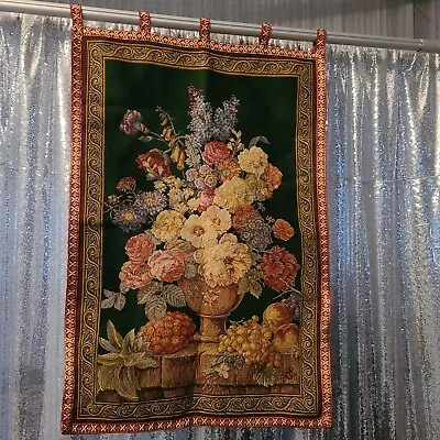Vintage Italian GRH Woven Wall Hanging Tapestry Vibrant Floral Bouquet 45” X 28” • $45