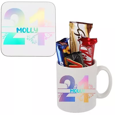 Personalised 21st Birthday Mug & Coaster Gift Filled With Chocolate 21st Present • £6.99