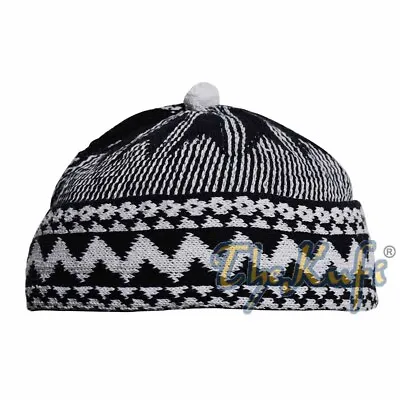 Soft Black Cotton Blend Warm Zigzag Beanie Winter Kufi Turkish Islam Pom-pom Hat • $10.24