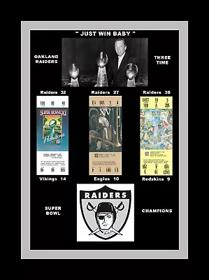 OAKLAND RAIDERS MATTED PHOTO OF ALL 3 SUPER BOWlL CHAMPS TICKETS SB 11/15/18 • $17.95