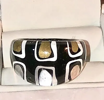 Modern Art Lucite Ring Black Gold Foiled Silver Abstract Art Glass Sz 8.5 - 7.75 • $48