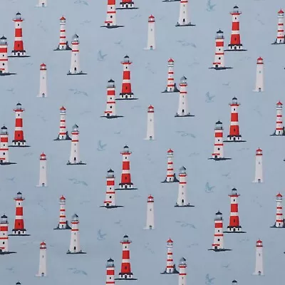 Nash Lighthouse Fabric Blue 100% Cotton Nautical Coastal Beach Cushions Curtain • £1.99