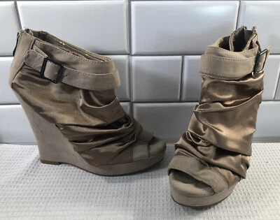 £12.44 • Buy KAYLEEN LA Sz 6 Taupe Satin Back Zip Ankle Strap Peep Toe Wedge Heels Shoes