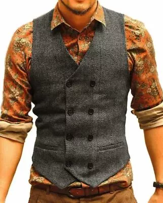 Mens Vintage Vests Herringbone Double-Breasted Groom Wedding Tweed Vest L XL 2XL • $19.99