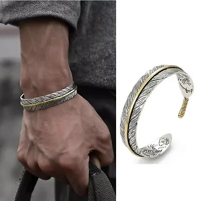 Men's Fashion Jewelry Silver Feather Adjustable Bangle Cuff Bracelet • $11.20