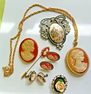 Vtg CAMEO LOT Necklace Pin Locket Antique Earrings Gold Brooch Sterling Silver • $149.99