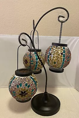 Glass Hanging 3 Tea Light Black Metal Stand Moroccan 19” Tall Gold Blue Multi • $29.99