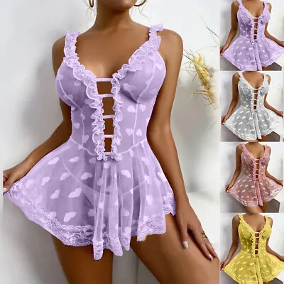 Womens Sexy Lace Mesh Nighrdress Sleepwear Thong Underwear Valentine Lingerie • £3.99