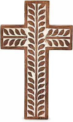 Mango Wood Religious Catholic Cross Wall Hanging Floral Carvings Living Room Hom • $23.99