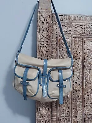 MIA BOSSI Fashion Diaper Bag Shoulder Messanger Beige Tan Blue Leather Trim • $35