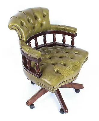 Bespoke English Hand Made Leather Captains Desk Chair Murano Leaf Green • £1695