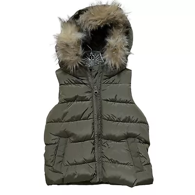 Baby GAP Puffer Vest Olive Army Green Faux Fur Hooded Sleeveless Warm Jacket 3T • $22.99