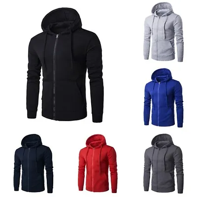 Fashion Hoodies Male Sweatshirt Solid Color Sports Winter Zip Up Autumn • £23.35