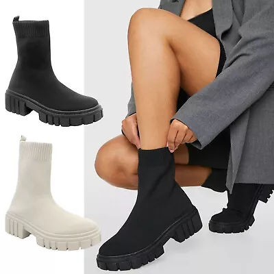 £22.95 • Buy Ladies Ankle Sock Boots Womens Mid Calf Chunky Chelsea Knit Pull On Winter Shoes