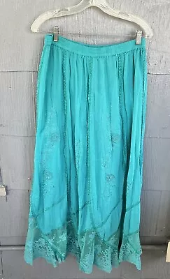 Vintage The Paragon Womens M Maxi Skirt Embroidered Lace Teal Blue Viscose Boho • $20.79