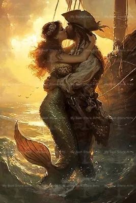 MERMAID AND PIRATE KISS FINE ART PRINT Wall Decor Poster Siren Pirate Painting • $7.95