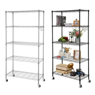 5 Tier Metal Storage Rack Shelving Wire Shelf Kitchen Office Stand Unit + Wheels • £49.99