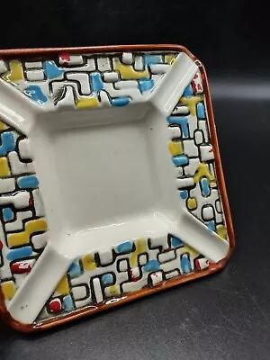 MCM Square Ceramic Ashtray Royal Sealy Japan Faux Mosaic Aqua Yellow Tobacciana • $14.95