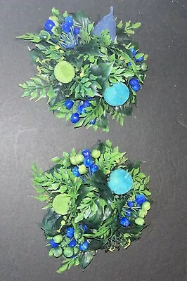 Vintage Plastic 6” Round Candle Ring Green & Blue Felted Fruit Set Of 2 • $24.95