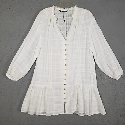 ZARA Mini Dress Womens Medium White Striped Semi-Sheer Lace Trimmed Vacation • $24.95