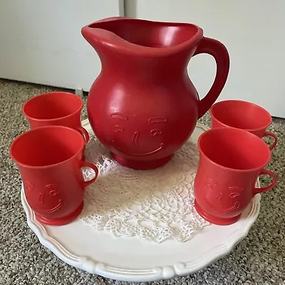 Vintage Red  Kool Aid Pitcher & 4 Cups Free Shipping • $31.99