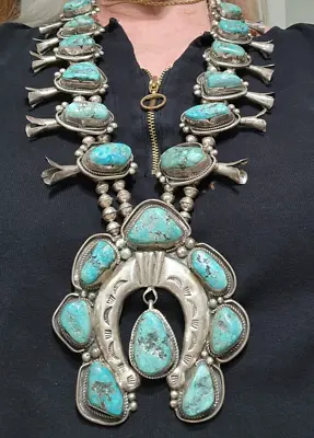 $1699.99 • Buy Old Pawn Navajo Turquoise Sterling Silver Squash Blossom Necklace 30  500 Grams