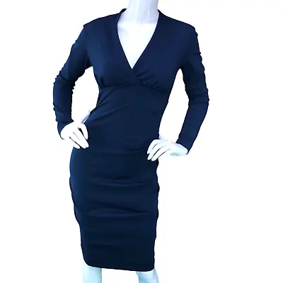 Nicole Miller Women Size S Hadley Ponte Knit Dress Long Sleeve Navy Stretch Ruch • $50.96