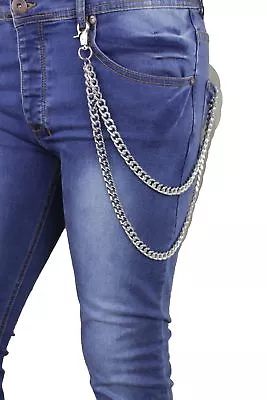 Men Wallet Chain Metallic Silver Color Metal Jeans Bling 2 Strands Biker Links • $18.95