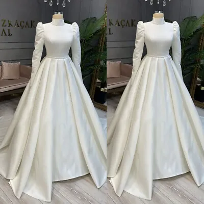 Satin Muslim Wedding Dresses Long Sleeves High Neck  Elegant Dubai Bridal Gowns • $156.23