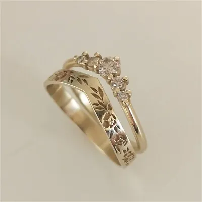 $2.73 • Buy Women Simple Diamond Crystal V-shaped Crown Wreath Flower Ring Set Festival Gift